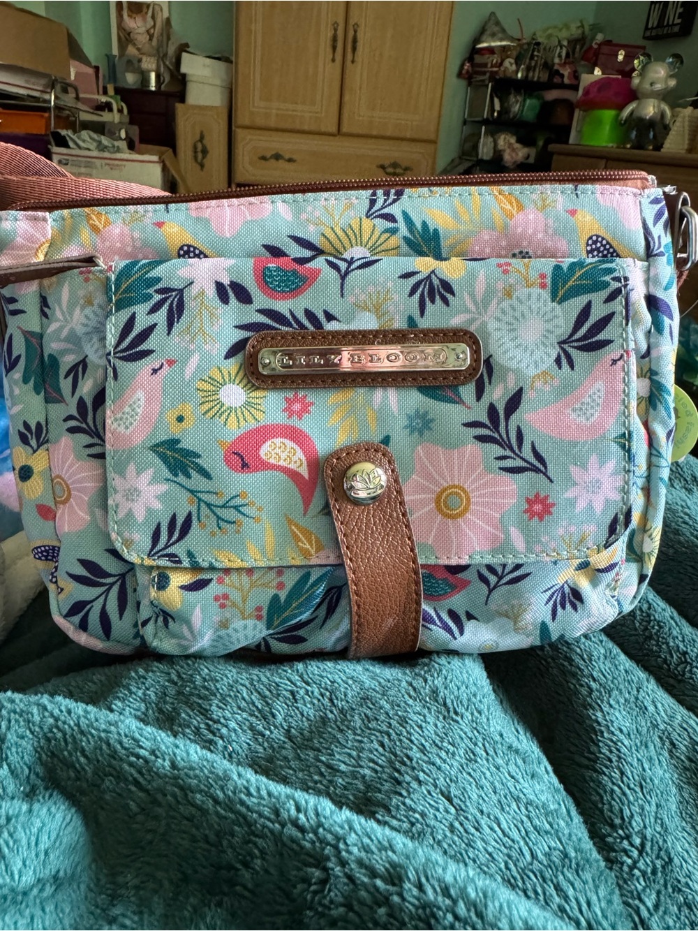 Lily Bloom Mint Floral Bird Crossbody with Brown Trim